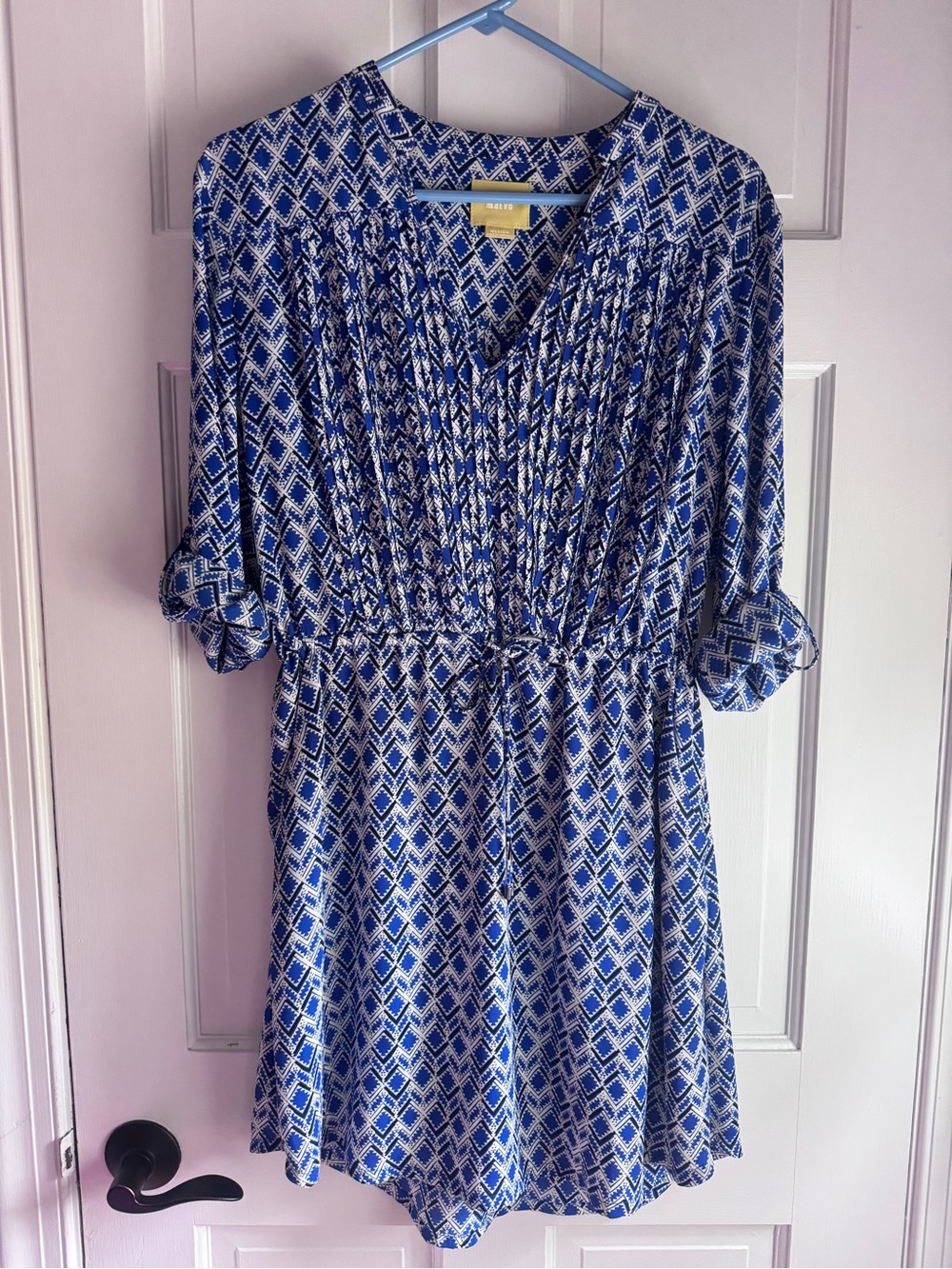 Maeve Blue White Geometric Smocked Tie Waist Dress Medium